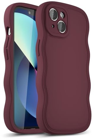 LoeoeL Girly Case for iPhone 13 Silicone, Wavy 13 Phone Case for Women, Curly Wave Cute Y2k Ripple Aesthetic Design, Slim Soft Rubber Jelly Camera Protection Case, Burgundy Wine Red