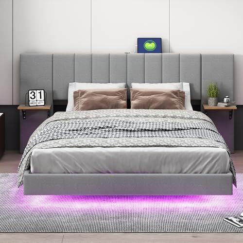 LED Schwebebett Doppelbett 160x200cm, integriertes Kopfteil mit Seitlichen Ablagen und USB Ladefunktion, Polsterbett Bettanlage mit Lattenrost, Jugendbett Funktionsbetten, Leinen, Ohne Matratze, Grau