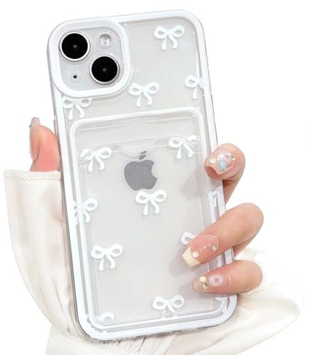 NITITOP Compatible with iPhone 13 Case Clear with Card Holder Cute White Bowknot Pattern Bow Ribbon for Women Girl Color Frame TPU Shock-absorbing Wallet Case Protective Cover - White