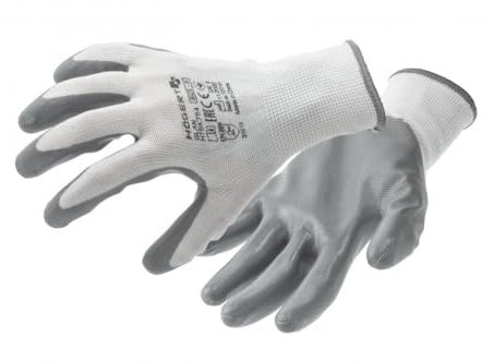 Högert Technik Guantes de protección GLAN con revestimiento de nitrilo, color blanco/gris, talla 10, resistentes a desgarros y pinchazos, ideales para trabajos de montaje precisos, respetuosos con el