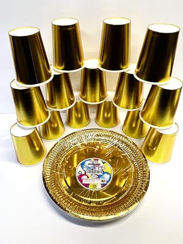 Lot de 30 assiettes et gobelets en carton doré de 22,9 cm (lot de 15) et gobelets en papier doré (255 ml) - Lot de 15