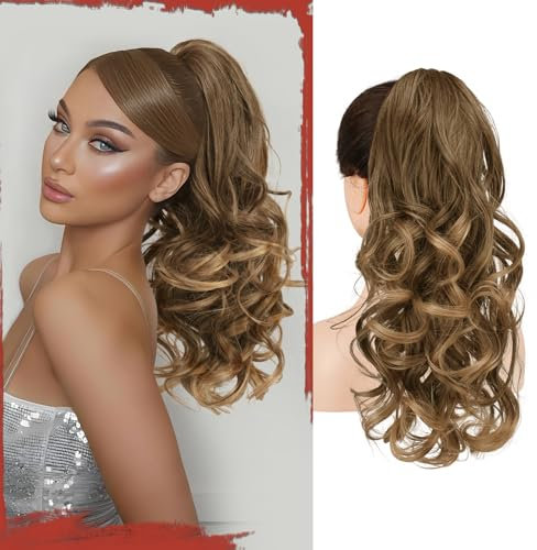 Sofeiyan Pferdeschwanz Haarteil mit Klammer, Lange Wellig Lockig Zopf Extension Claw Clip in Ponytail Extension Synthetik Haarverlängerung für Damen, 43 cm Dunkles Aschblond mit Goldenen Enden