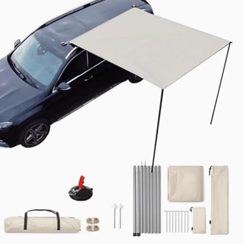 QSNYJPL Toldo Furgoneta Camper Lateral, Toldo Coche y Camping, Tejido Oxford 210D, Impermeable PU3000MM, Resistente A La Intemperie UPF50+, Varilla de Soporte Metálica para SUV, Camión(White)