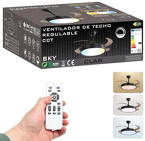 CLAR Ventilatore da Soffitto con Luce, Pale da Soffitto con Luce, Ceiling Fan With Light, Ventilatori con Telecomando, Lampadario con Ventole Retraibili 48W Nero (Pack 1)