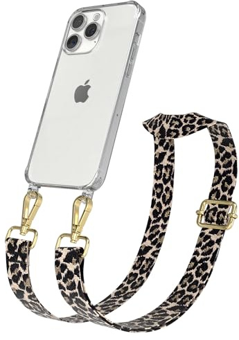 EAZY CASE Handykette - Verstellbares Taschenband kompatibel mit iPhone 15 Pro Max, Schulterriemen, Handykordel mit Silikon Hülle, Umhängetasche, Leo - Schwarz Beige Gold