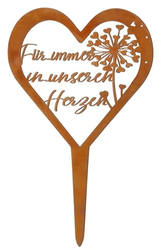 Mindu Grabschmuck Wetterfest – Grabstecker Herz mit Spruch „Für immer in unseren Herzen“ – Rostoptik Grabdeko mit Löwenzahn Motiv – Grabschmuck Herz für Garten & Friedhof