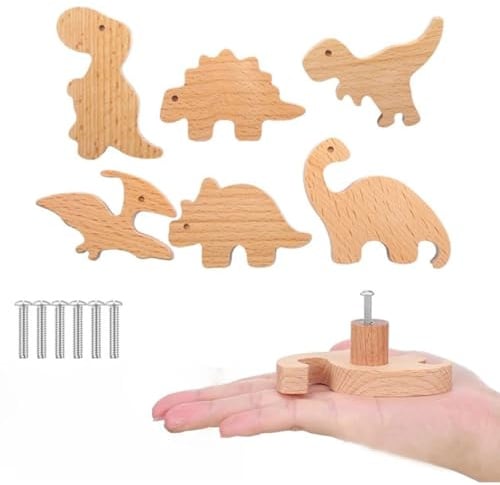 Cohentbliss 6 Stück Möbelknöpfe Holz, Holzgriffe Tiere, Schrankknöpfe Kinder, Kommode Knöpfe mit Schrauben, süßer Dinosaurier Schrankknöpfe für Schranktür, Schublade, Schrank, Schuhkarton