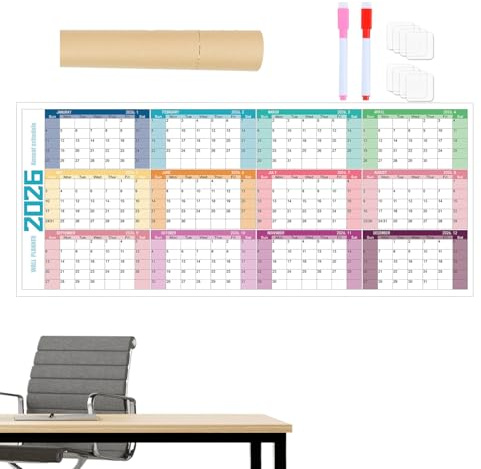 Wandkalender 2026 – trocken abwischbarer wiederverwendbarer Wandplaner, Familienplaner, großer Kalender, Ziel- und Aufgaben-Organizer für Ihr Zuhause, Büros, bunte monatliche Jahresplaner, 100 x 42 cm