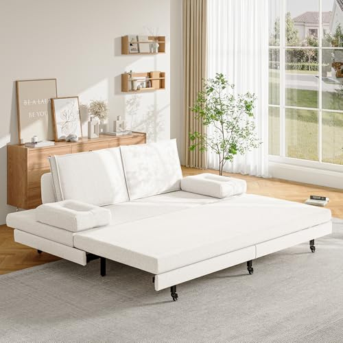 Ausziehbares Schlafsofa 90/180x200 cm,2-Sitzer-Sofa mit Schlaffunktion & Lattenrost,umbaubar in ein ausziehbares Bett,Bett für 2 Personen,Klappsofa Sofabett für Wohnzimmer Schlafzimmer,Leinen (Weiß)