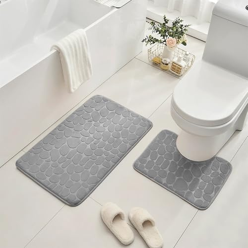AMFUN 2PCS Juego de Alfombra BañO, 40*60 cm Alfombrilla bañO, 40*50 cm Alfombrilla de Inodoro, Gris Claro Patrón Guijarro, Antideslizante, Espuma Viscoelástica, Lavable a Máquina, para Bañera, Baño