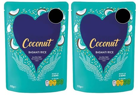Coconut Basmati Rice, Microwave Ready, Gluten Free, Vegetarian and Vegan, 250g, Pack of 2