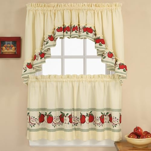 CHF & You Red Delicious Country Apples 3-Piece Window Curtain Tier Set, Ivory, 56-Inch X 24-Inch, Multi Color