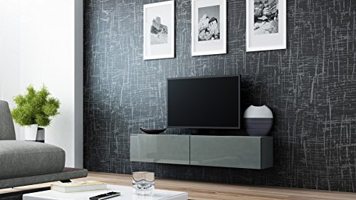 Furniture24 Tv Schrank Vigo 140 cm Länge, Hängeschrank, Wandschrank, Fernsehentisch mit 2 Klapptüren, Lowboard, Grifflose Öffnen, Push to Open (Grau/Grau Hochglanz, Länge:140 cm)