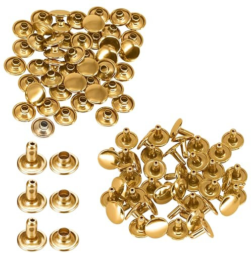Trimming Shop Double Cap Rivets Leather Rivets Tubular Metal Studs for DIY Leathercrafts, Clothing Repair & Replacement, Handbag, Belts, 6mm x 5mm, Gold, 100 Sets
