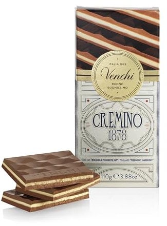 Venchi Tablette Cremino 1878, 110 g - Chocolat au lait et aux noisettes Gianduja et chocolat blanc à la pâte d'amande - Sans gluten