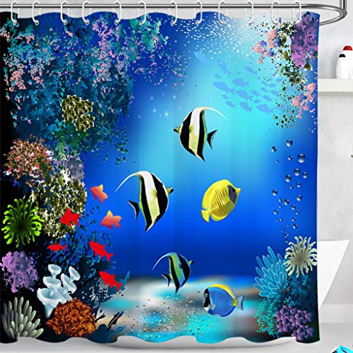 LB Unterwasserwelt Duschvorhang Wasserdicht Anti-Schimmel Bad Vorhänge Fisch und Pflanzen Muster Polyester Stoff Wohnkultur Zubehör mit 12 Vorhang Haken 180x180cm
