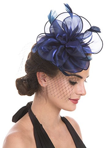 Haojing Fascinators Hut Blume Mesh Bänder Federn auf einem Stirnband und einem geteilten Clip Cocktail Tea Party Hochzeit Kirche Headwear für Mädchen und Frauen Braut