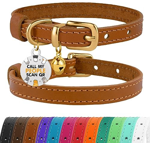 BRONZEDOG Katzenhalsband aus Leder mit Glöckchen, Nicht abreißbar, QR-Tag für Mädchen und Jungen (Hellbraun und Gold, 23-28 cm)