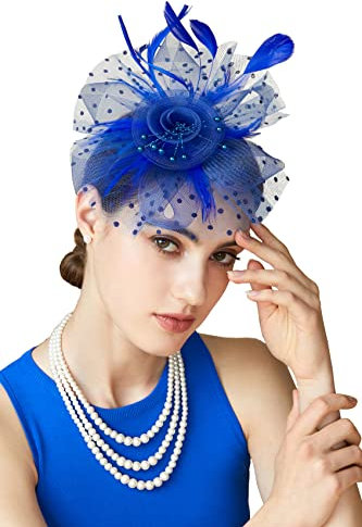 BABEYOND Fascinators Hüte Damen Schleier Stirnband und Einer Gegabelten Clip Tea Party Kopfbedeckung(Blau)