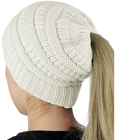 Boolavard BeanieTail Soft Stretch-Zopfmuster Unordentlich hohe Ponyschwanz-Mütze (Weiß)