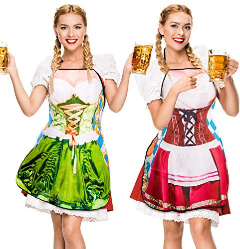Whaline 2Pcs Oktoberfest Apron, Female Dirndl Costume Outfit, German Oktoberfest Dress, Novelty Apron for Kitchen Cooking BBQ Party (Red, Green)