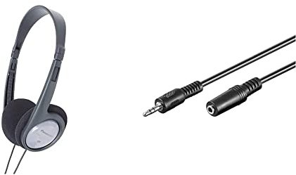 Panasonic RP-HT090E-H Bügelkopfhörer grau & Goobay 50090 Kopfhörer- und Audio Verlängerungskabel AUX; 3-polig; 3,5 mm Klinke 3,5 mm Stecker auf Klinke 3,5 mm Buchse, Schwarz, 5 Meter