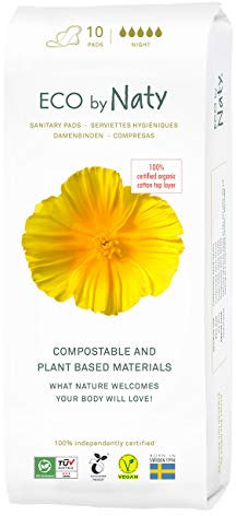 Eco by Naty Damenbinden Night – Pflanzliche und saugfähige Bio-Hygienebinden mit Flügeln, Menstruationsprodukt aus Bio-Baumwolle, Besser für die weibliche Gesundheit (10 Stück)