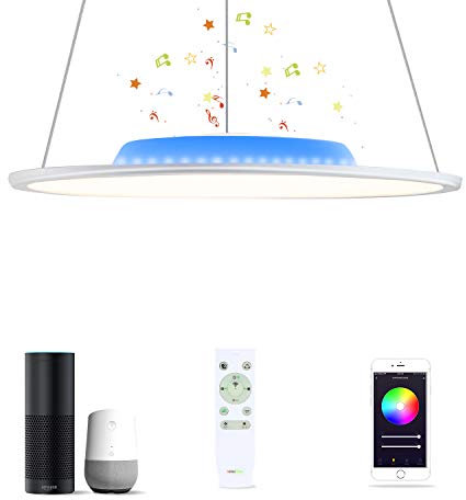 Lámpara colgante LED con altavoces Bluetooth dobles compatible con Amazon Alexa y Google Home, regulable Heihgt ajustable RGB cambio de color, APP Control remoto moderno WiFi inteligente araña