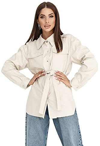 Selente #Fashionista Giacca/Camicia Donna in Similpelle/Jeans, MOD. 3 Avorio Cintura, M