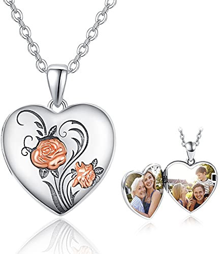 TANGPOET Locket Necklace for Women 925 Sterling Silver Heart Rose Flower Picture Photo Pendant Memorial Gifts Valentines Day Jewellery for Mum Daughter Grandmother Family