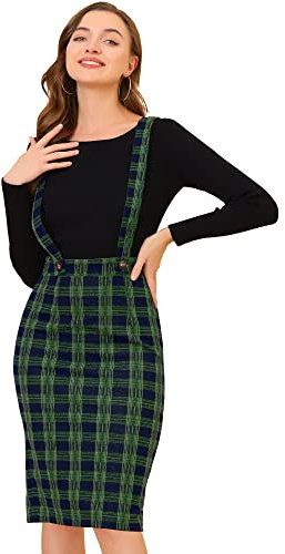 Allegra K Jupe à Bretelles mi-Longue Crayon Taille Haute Vintage Brillante à Carreaux pour Femmes Bleu Vert M