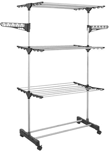 IDMarket - Séchoir à Linge Vertical Pliable 3 Niveaux Maxima capacité 25M avec cintres et Pinces et Gris