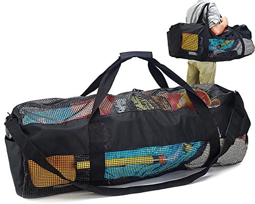 Seesack aus Netzstoff, XL, robuste Strandtasche mit Seitentaschen und Reißverschluss für Tauchen, Tauchen, Schnorcheln, Workout, Fitnessstudio, Wrestling (XL-Schwarz)