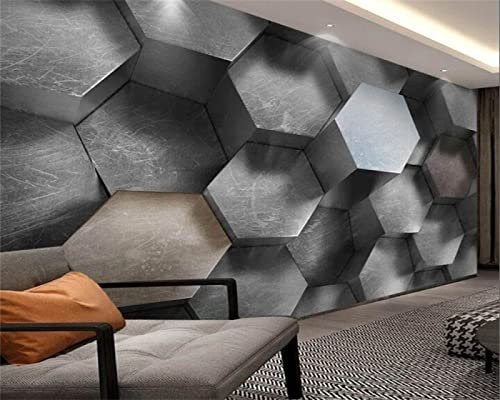 TANYANG Papier Peint Personnalisé Peintures Murales Hexagone Gris Noir Blanc Moderne Style Industriel Fond Décor À La Maison 300Cm(W)×210Cm(H)