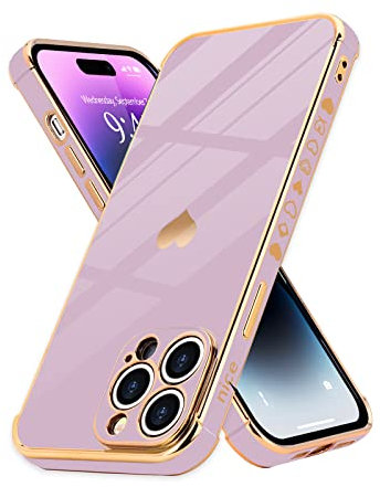 Urarssa for iPhone 14 Pro Max Case Cute Bling Plating Heart Design Cases Women Girls Shockproof Bumper Silicone Slim Protective Cover for iPhone 14 Pro Max, Purple