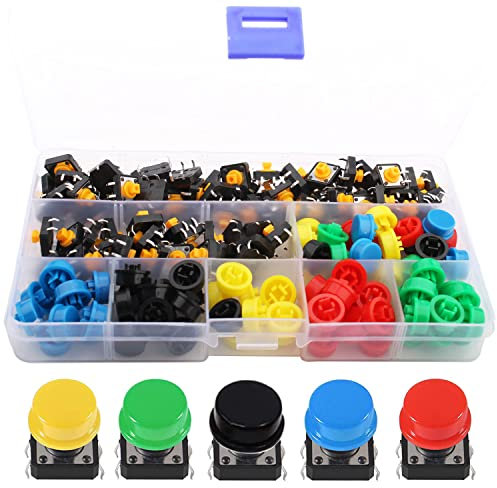 RUNCCI-YUN 160 Stück Momentary Tactile Push Button, 12 x 12 x 7,3 mm, Micro Momentary Drucktastenschalter, 4 Pin Mikroschalter, oberflächenmontierte Schaltplatte, mit Kappe für Arduino