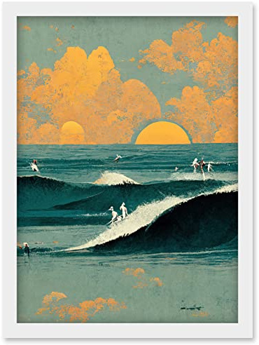 Wee Blue Coo Surfers Surfing Chasing Waves at Sunset Teal Mustard Abstract Oil Paint Artwork Framed Wall Art Print A4