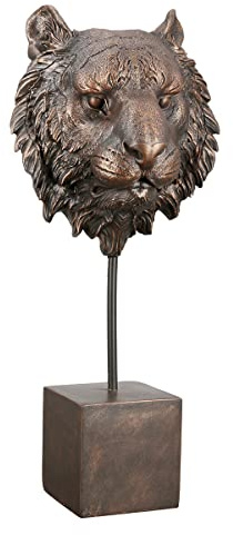 Casablanca Deko Figur Skulptur Tiger Kopf auf Sockel XL - 3D Tierkopf Statue aus Kunstharz - Farbe: Bronze Höhe 47,5 cm