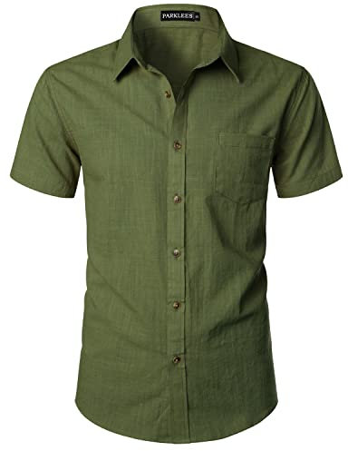 PARKLEES Men's Fitted Cotton Linen Casual Short Sleeve Button Up Shirts Lightweight Beach Tops with Pocket EU-PZLSC34-Olive Green Medium