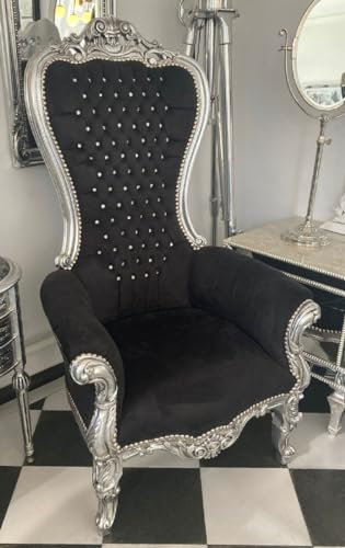 Casa Padrino Barock Thron Sessel mit edlem Samtstoff und Glitzersteinen Schwarz/Silber - Prunkvoller Barockstil Königssessel - Barockstil Hochzeitssessel - Barockstil Riesensessel - Barock Möbel