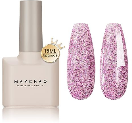 MAYCHAO Glitter Gel Nail Polish, 15ML Purple Shimmer Gel Nail Polish, Soak Off UV LED Purple Shimmer Gel Polish Nail Art Starter Manicure Salon DIY at Home, 0.5 OZ