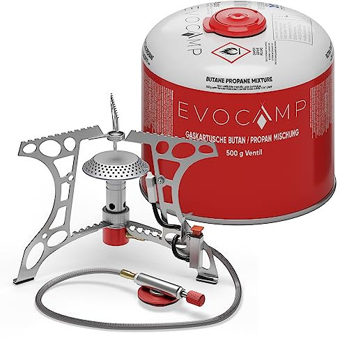 EVOCAMP kompakter Campingkocher 3.2 kW mit Piezo-Zünder, Camping Stove, Mini-Gaskocher - ideal für Camping, Angeln und Outdoor (+1 Kartusche 500 g)