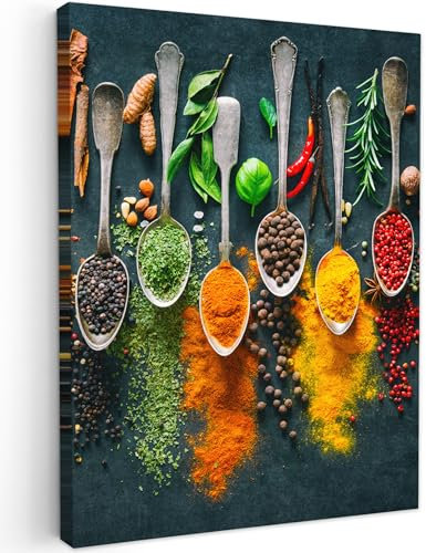 MuchoWow© Bilder 50x70 cm Wohnzimmer Deko Modern Wandbild Kunstdruck auf Leinwand Bild Schlafzimmer über Bett Room Decor Geschenke Küche - Kräuter - Gewürze - Löffel