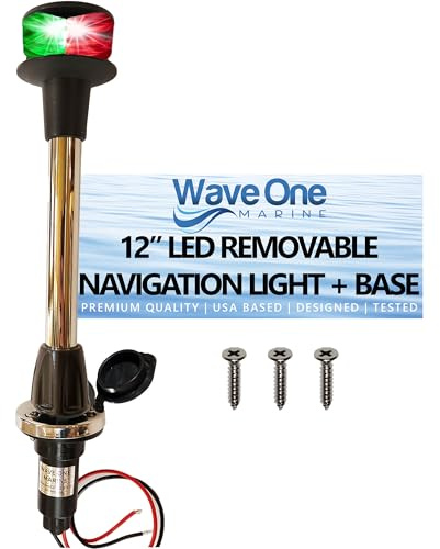 Wave One Marine LED Bow Removable 12 Inch Bi-Color Navigation Light With Stainless Plug In Base | Boat 2 Pin Pole Pontoon Red Green 1NM Visibility | 12 Volt DC | Night Nav Waterproof