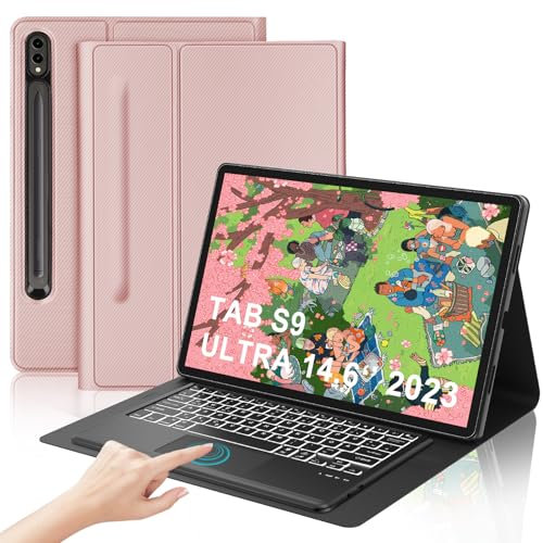 Tastatur für Samsung Galaxy Tab S10 Ultra 2024 con Touchpad, Hülle mit Tastatur Galaxy Tab S10 Ultra/S9 Ultra, Abnehmbarer QWERTZ Layout Beleuchtung Tastatur für Samsung S9/S10 Ultra 14.6 Zoll, Rosa