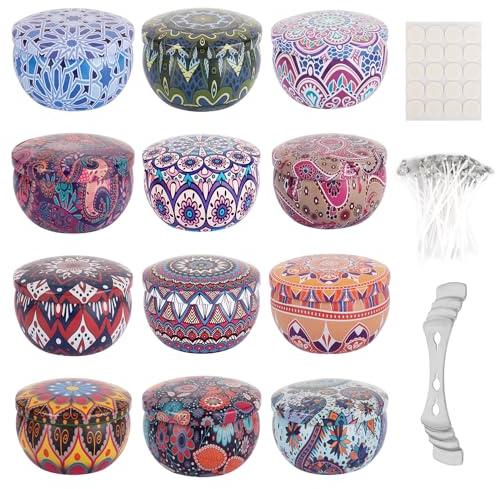 XTDMJ DIY Candle Tins 12 Pieces 12 Color with 20 Candle Wicks (5cm) 20 Sticks 20 Glue, Candle Tin Jars Round Containers with Lids for Candle Making, Arts & Crafts, Storage & More (2.2OZ)