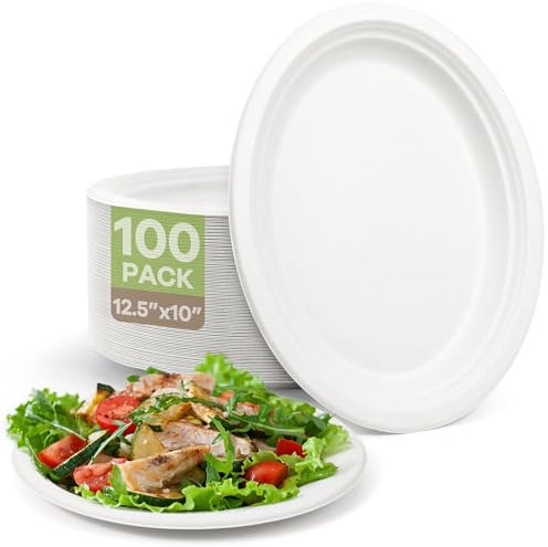 FEHHTO Compostable Oval Paper Plates, 12inch 100pcs Heavy Duty Bagasse Platters White Eco-Friendly Biodegradable Dinner Plates Lunch Plates for BBQ, Party, Picnic