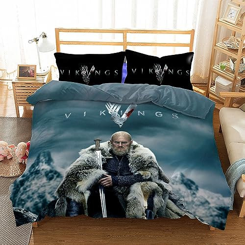 Wikinger-Krieger Bettwäsche 135x200cm Vikings Ragnar Warrior King Kinder Bettbezug Set 3 Teilig Microfaser 3D Motiv Luxus Modern Bettdeckenbezug Mit Reißverschluss und 2 Kissenbezüge 80x80cm
