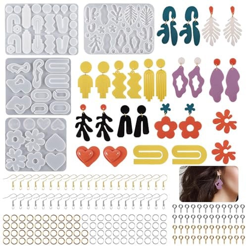Bekecidi 204 Pcs Silicone Jewellery Resin Moulds Kit, Epoxy Resin Moulds Earring Silicone Mould with Earring Hooks Variety Shapes Resin Casting Molds for Pendant Jewellery Making Kit DIY Crafts Gifts