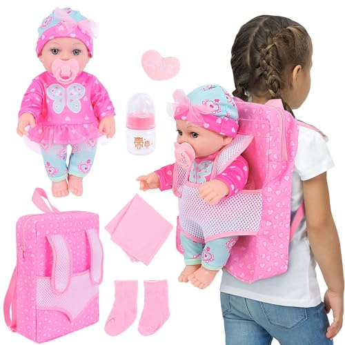 DONTNO 12 Inch Baby Doll with Clothes and Backpack Carrier,Reborn Baby Doll with Bottles Nipple